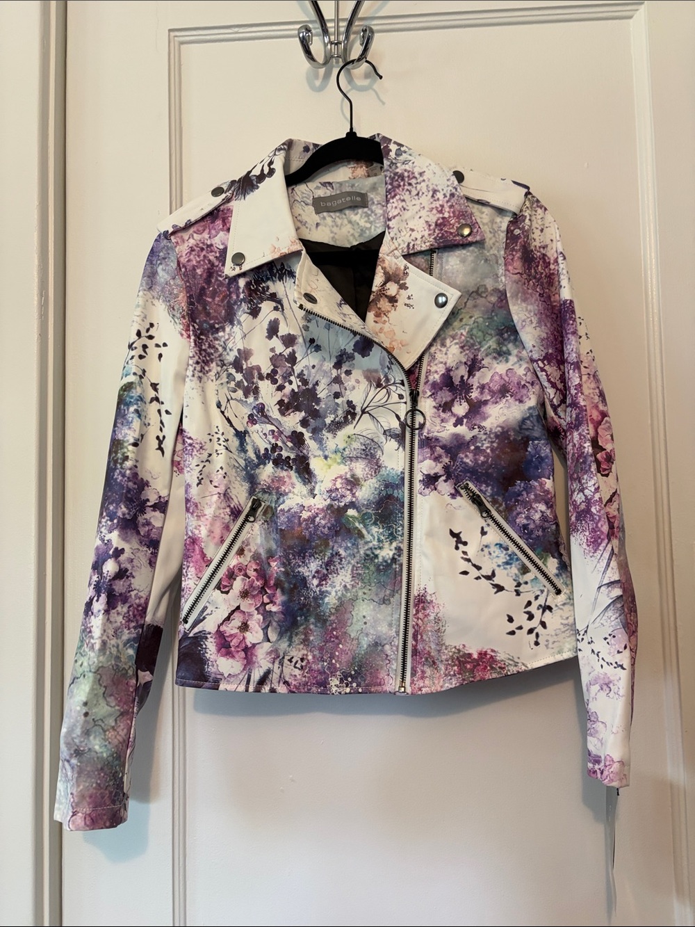 Faux Leather Moto Jacket Floral Tie Dye Cream Blue Purple Size Small Whimsy Edgy